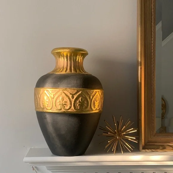 Dark brown gold leaf large ceramic decorative vase home decor shelf vintage art - Picture 2 of 10
